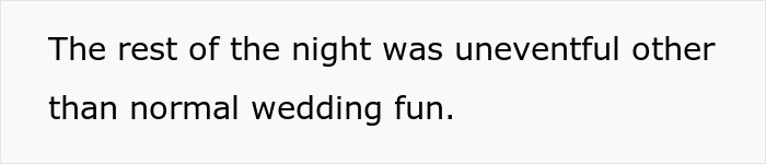 Text on a plain white background reading The rest of the night was uneventful other than normal wedding fun.