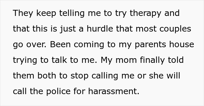 Text excerpt describing attempts at therapy and family conflict amid postpartum struggles and harassment concerns.