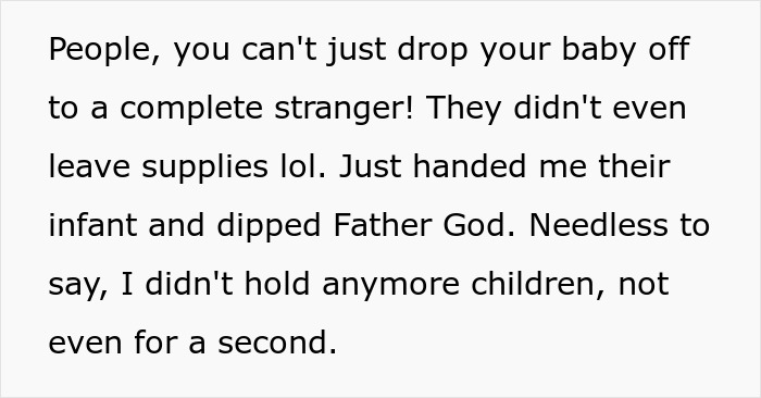 Theme park worker left holding unknown baby for 30 minutes as parents disappear into crowd without explanation or supplies.