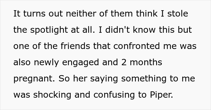 Text excerpt about cousin's family accusing woman of stealing spotlight by bringing baby and wearing engagement ring.