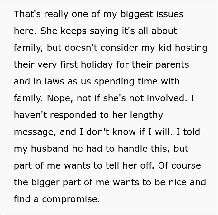 Alt text: Woman frustrated over MIL conflict about hosting first Thanksgiving with her kid, seeking family compromise and understanding.