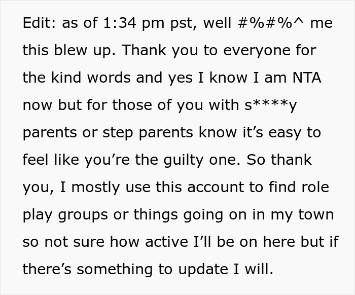 Text post update discussing stepdaughter’s sexuality conflict and Thanksgiving family tension on social media platform. Text post update discussing stepdaughter’s sexuality conflict and Thanksgiving family tension on social media platform.