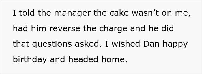 Text excerpt about refusing to pay for a cake ordered behind his back by sister-in-law in a family dispute.