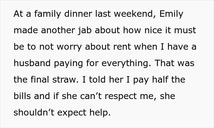 Text excerpt showing a woman explaining why she refuses to let her homeless sister-in-law move in due to respect and financial fairness.