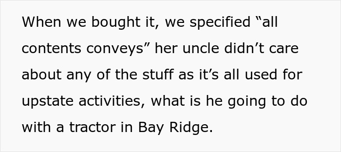 Text excerpt about a dispute involving an inherited tractor and estate contents conveyed in a legal context.