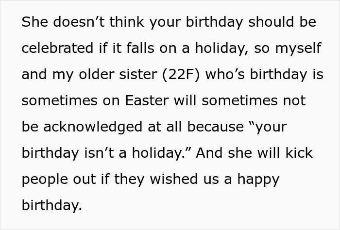 Text excerpt discussing mom refusing to celebrate kids’ birthdays during holidays, causing family tension and hurt feelings. Text excerpt discussing mom refusing to celebrate kids’ birthdays during holidays, causing family tension and hurt feelings.