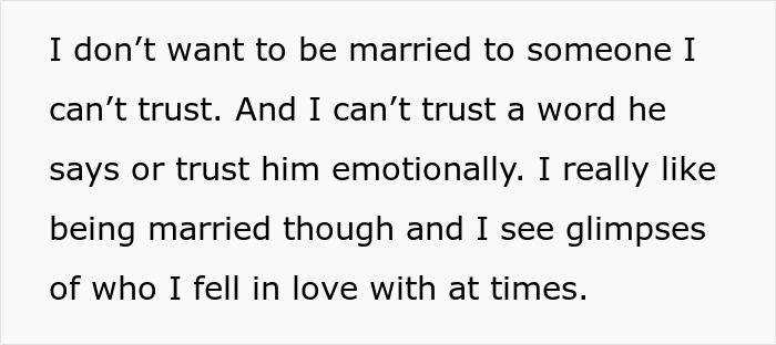 Woman expressing emotional struggle and trust issues in marriage after discovering husband lied about master&rsquo;s degree.