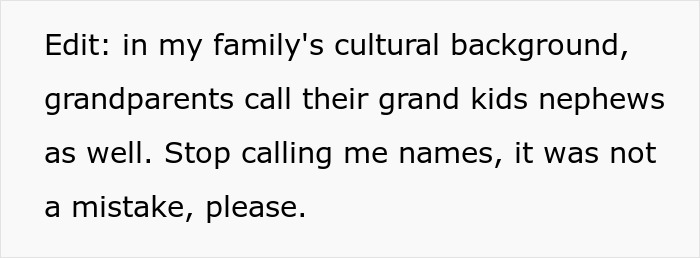 Text explaining a family&rsquo;s cultural background where grandparents call grandkids nephews, addressing a mom affair college money dad context.