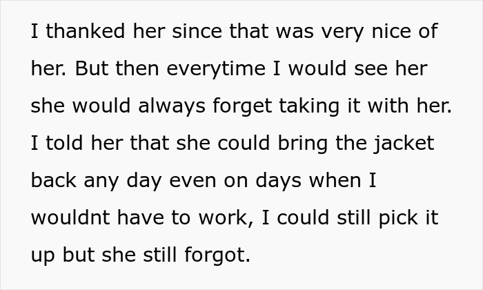 Text excerpt about a woman repeatedly forgetting to return her coworker&rsquo;s expensive jacket despite reminders.