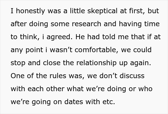 Text excerpt about boyfriend opening relationship with rules on no discussing dates or activities with others. Text excerpt about boyfriend opening relationship with rules on no discussing dates or activities with others.