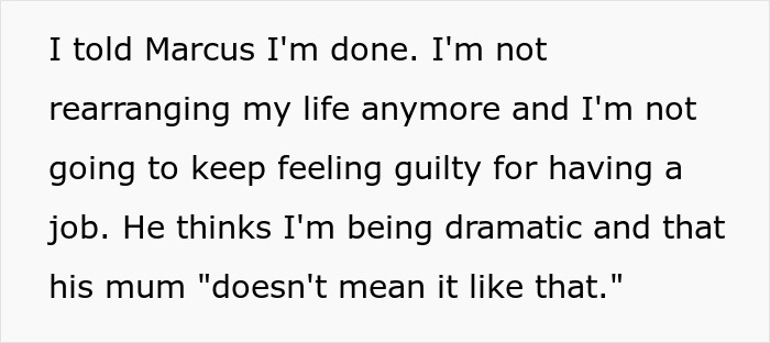 Text excerpt showing frustration with future MIL scheduling family events conflicting with working days.