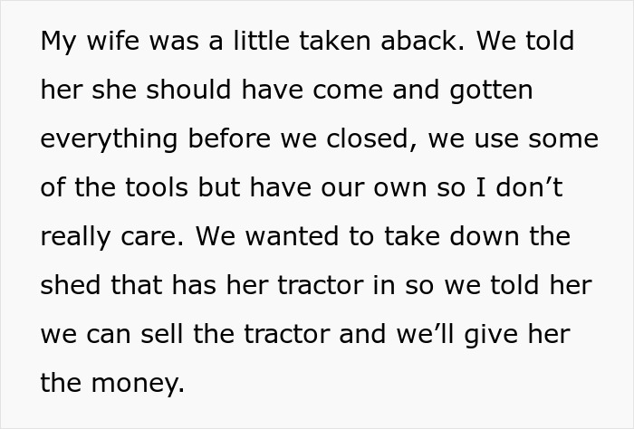Text excerpt about a toxic MIL conflict involving an inherited tractor and the son-in-law&rsquo;s petty response.