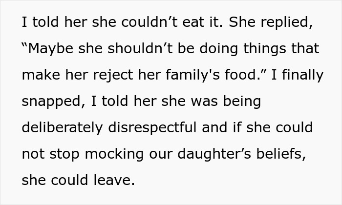 Text showing a mother confronting in-laws for mocking her daughter&rsquo;s paganism and bringing forbidden foods to the family.