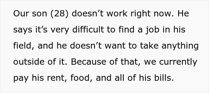 Text excerpt about adult son not working, highlighting husband retirement children finances challenges with supporting grown children.