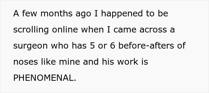 Text about choosing nose job over kids college funds after seeing surgeon's impressive before-and-after nose photos online.
