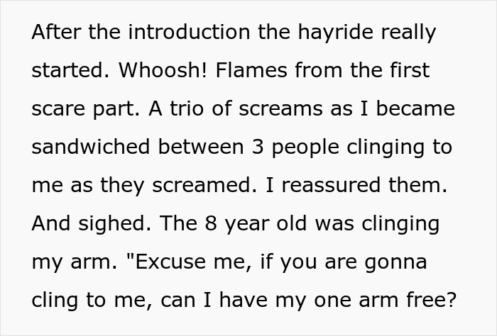 Entitled parents on haunted hayride leaving scared kids as a stranger&rsquo;s problem with flames and screams around them.