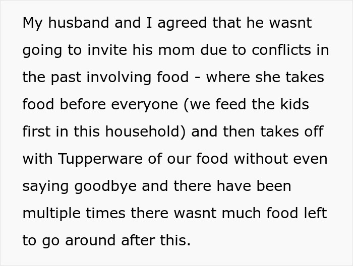 Text about MIL hogging Thanksgiving food, taking Tupperware without saying goodbye, causing conflicts over food. Text about MIL hogging Thanksgiving food, taking Tupperware without saying goodbye, causing conflicts over food.