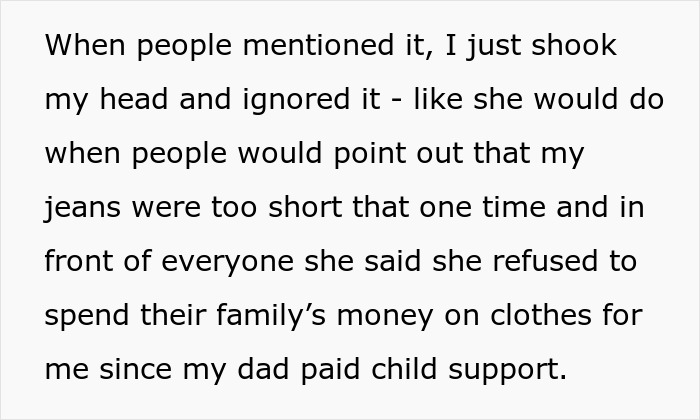 Text excerpt showing a stepdaughter&rsquo;s story about her evil stepmom and the stepdaughter&rsquo;s feelings of poetic justice.