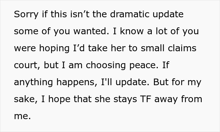 Text excerpt discussing choosing peace over small claims court in a shocked woman refuses to pay for altered borrowed dress.
