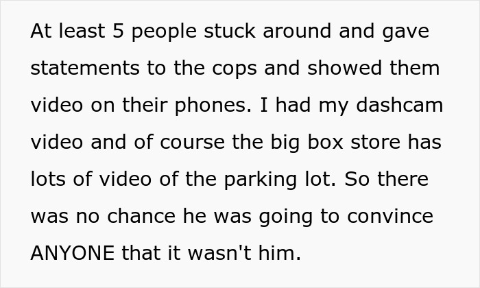 Text describing witnesses giving statements to police with shopping cart and parking lot video evidence.