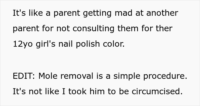 Text about parent disagreement over dad approving 12-year-old son&rsquo;s mole removal cosmetic surgery without asking.