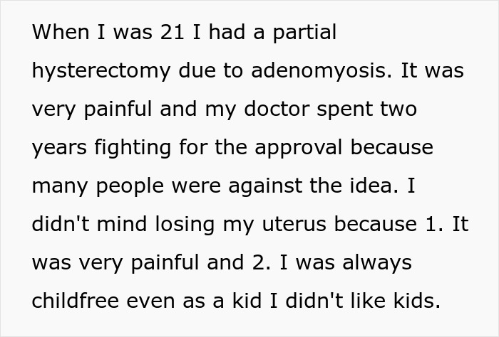 Text describing a woman&rsquo;s partial hysterectomy due to adenomyosis and her childfree lifestyle choice.