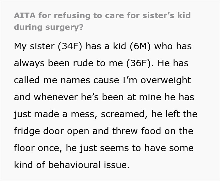 Text excerpt showing a sister refusing to babysit badly behaved nephew with behavioral issues during hospital stay. Text excerpt showing a sister refusing to babysit badly behaved nephew with behavioral issues during hospital stay.