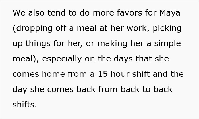 Text excerpt explaining favors done for Maya after long work shifts, illustrating parent support and care dynamics. Text excerpt explaining favors done for Maya after long work shifts, illustrating parent support and care dynamics.