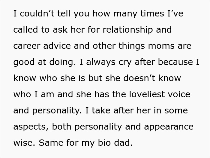 Text excerpt from a woman describing her emotional struggle seeking relationship with her biological family despite adoptive parents' threats.