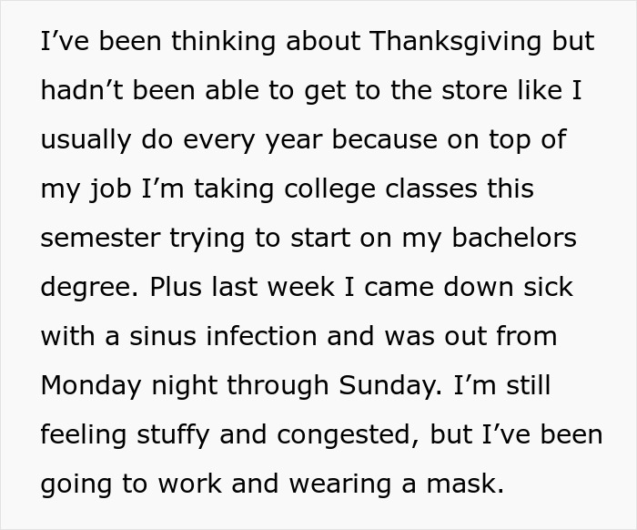 Text describing a spouse overwhelmed by the pressure of buying Thanksgiving items, leading the wife to ban him from shopping.