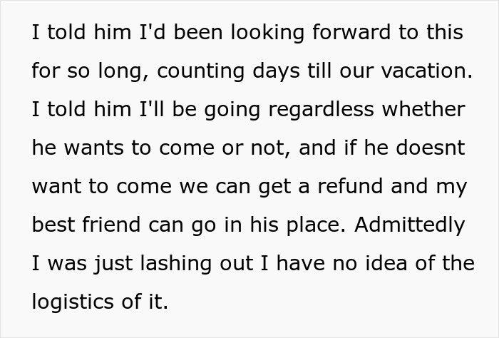 Wife threatens solo trip on family vacation after husband prioritizes business over their planned time together.