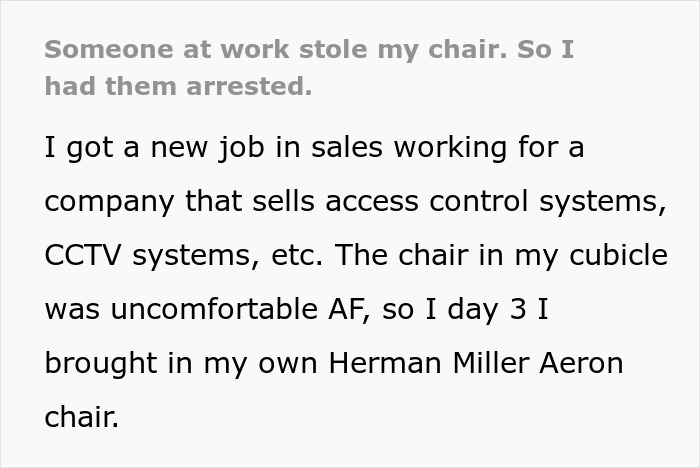 Text excerpt showing a person explaining how they brought their $1.8K office chair to work due to discomfort with the provided one. Text excerpt showing a person explaining how they brought their $1.8K office chair to work due to discomfort with the provided one.