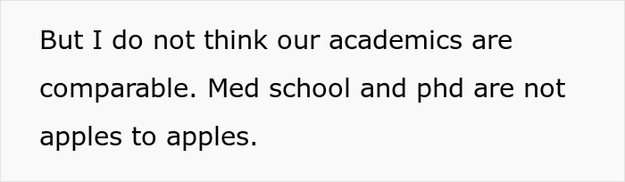 Text on white background stating a disagreement about comparing med school and PhD academics. Text on white background stating a disagreement about comparing med school and PhD academics.