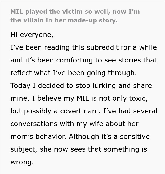 Text post describing a MIL playing the victim while family cuts contact with a gay couple due to toxic behavior.