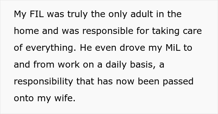 Text excerpt about man supporting in-laws and wife taking over caretaking after FIL's help in household responsibilities.