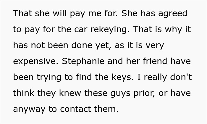 Text message discussing payment for car rekeying after girlfriend secretly went clubbing and lost the car keys.