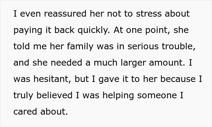 Text excerpt showing a man explaining his hesitation before giving money, highlighting loyalty test and friendship concerns.