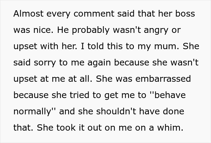 Text discussing a man concerned about ruining dinner with his mom’s boss after picking at his food and his mom’s apology. Text discussing a man concerned about ruining dinner with his mom’s boss after picking at his food and his mom’s apology.