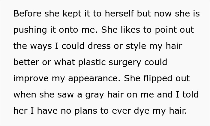 Text snippet about a looks-obsessed lady pushing plastic-surgery advice and gift card onto her 30-year-old sister.