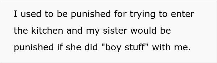 Text excerpt about a trad wife sister angered by her brother doing womanly things and refusing to cook.