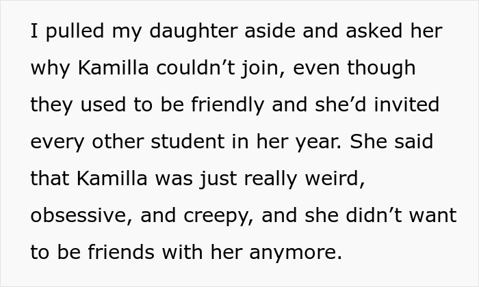 Text excerpt showing a mom confronting her 13-year-old daughter about refusing to invite one girl to a school event.