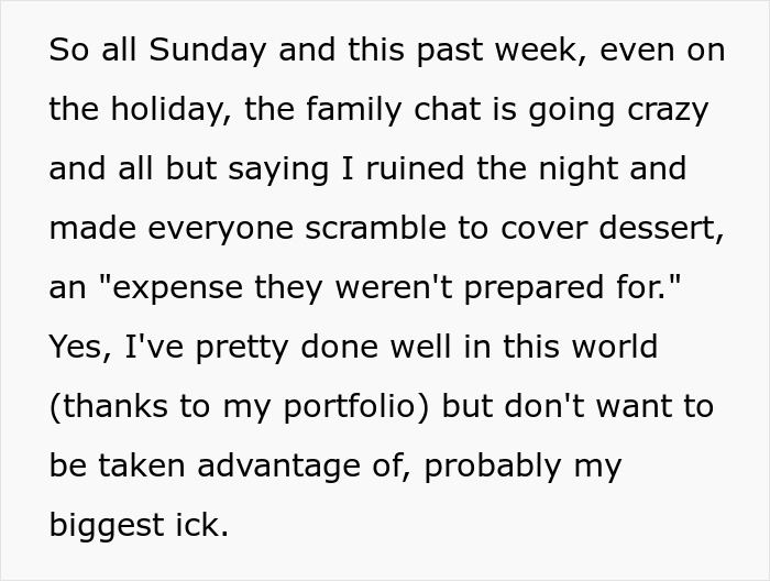 Text from a family chat showing frustration over an unplanned cake expense, highlighting a rich man&rsquo;s biggest ick.