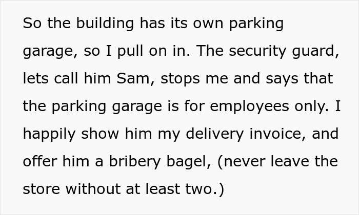 Text excerpt about a baker delivering bagels stopped at a corporate parking garage by a security guard.