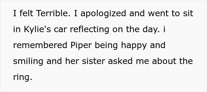 Text excerpt about cousin&rsquo;s family accusing woman of stealing spotlight by bringing baby and wearing engagement ring.