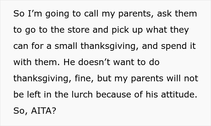 Text excerpt about husband unable to handle Thanksgiving shopping, wife decides to ban him from helping.