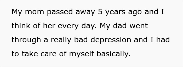 Text on a white background sharing a personal story about losing a mom and dealing with a dad&rsquo;s depression while self-caring.