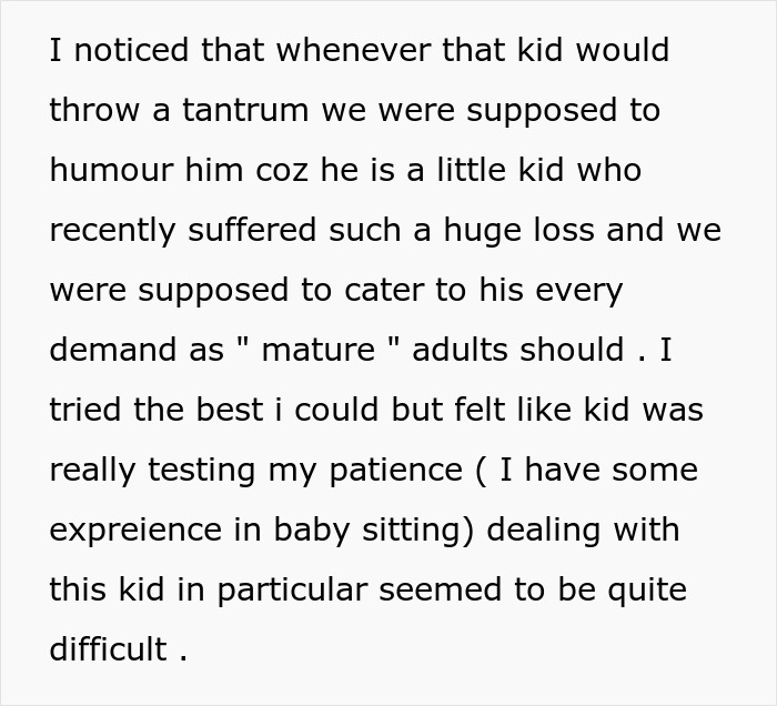 Text excerpt discussing a teen's experience dealing with a difficult kid and being blamed for not stopping them running into traffic.