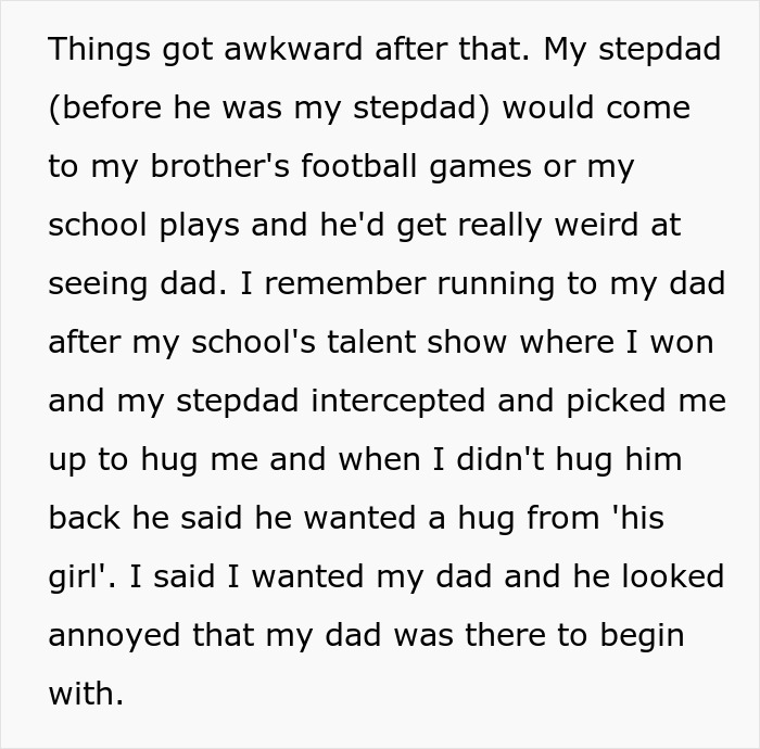 Text excerpt describing a stepdad&rsquo;s attempts to displace kids&rsquo; bio dad, causing awkward and upset family moments.