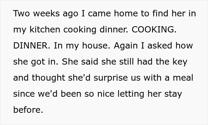 Text describing a sister cooking dinner at her boyfriend&rsquo;s house after being given a secret key by her brother.