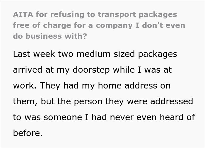 Text excerpt about receiving packages at wrong address, highlighting company expecting return shipping on recipient's dime.